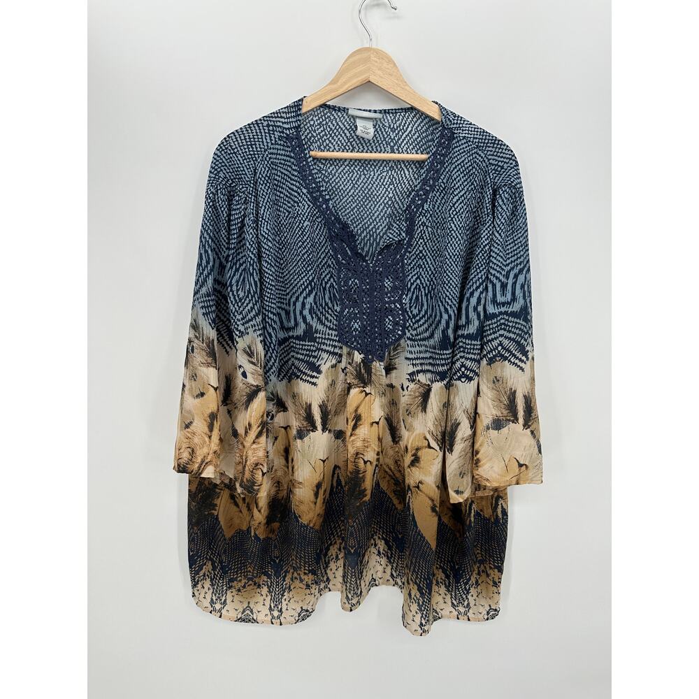 Catherines Womens Blue Tunic 2X Artsy Boho Oversized V Neck Sheer Shimmer BK32